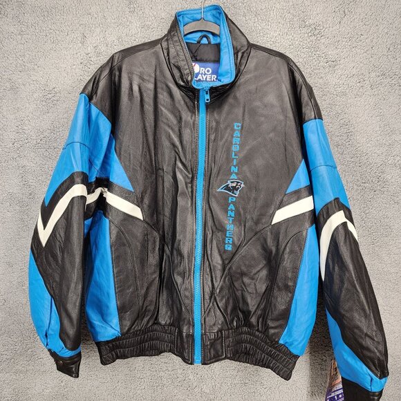 Carolina Panthers Pro Player Men's‎ XL Black/Blue Vintage 90s NWT Leather Jacket - Picture 1 of 16